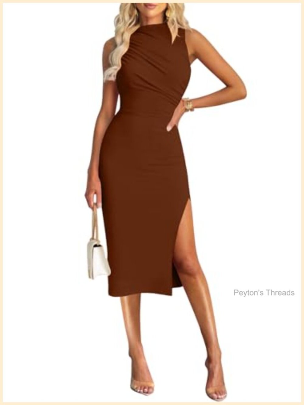 Women's Solid Sleeveless Mock Neck Ruched Bodycon Midi Dress with Side Slit for